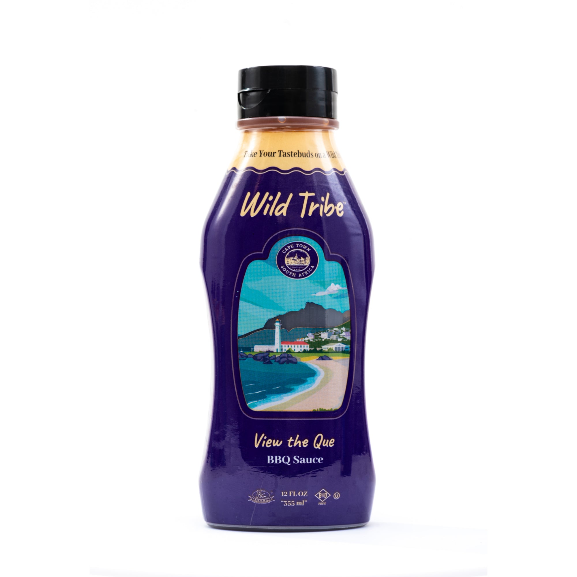 Purple bottle of Wild Tribe BBQ Sauce with a scenic label on a white background